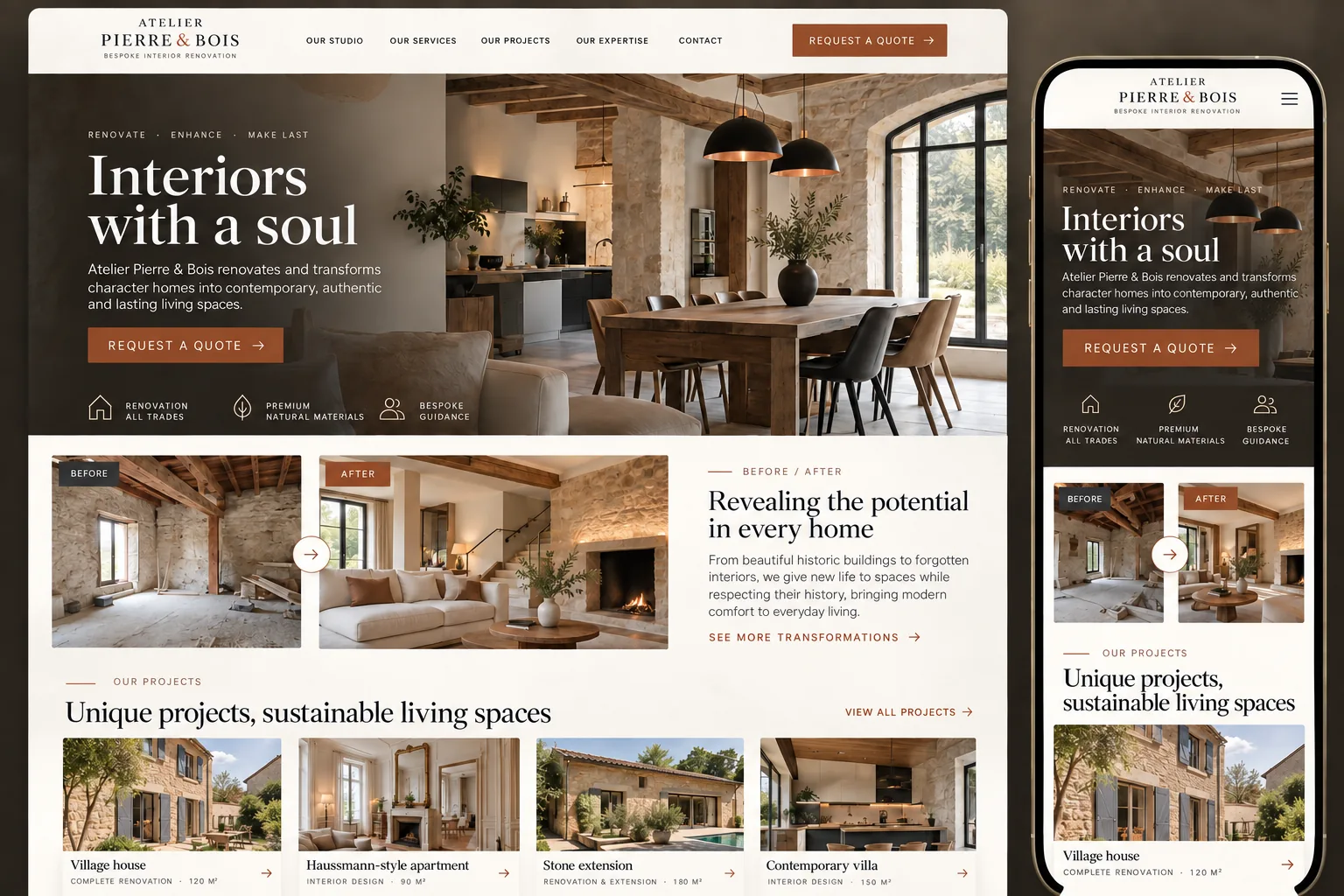 Fictional website concept for an interior renovation studio named Atelier Pierre & Bois, shown on desktop and phone