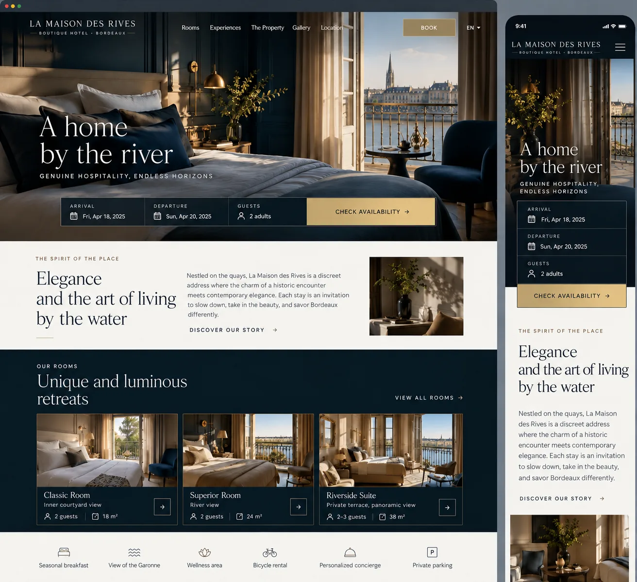 Fictional website concept for a boutique hotel named La Maison des Rives, shown on desktop and phone