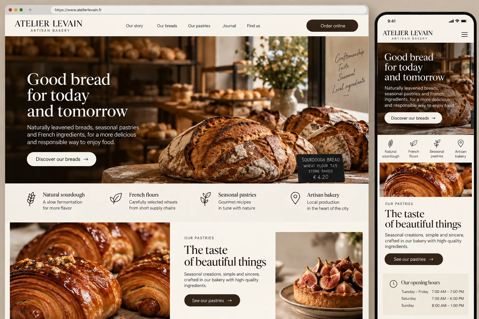 Fictional website concept for a bakery named Atelier Levain, shown on desktop and phone