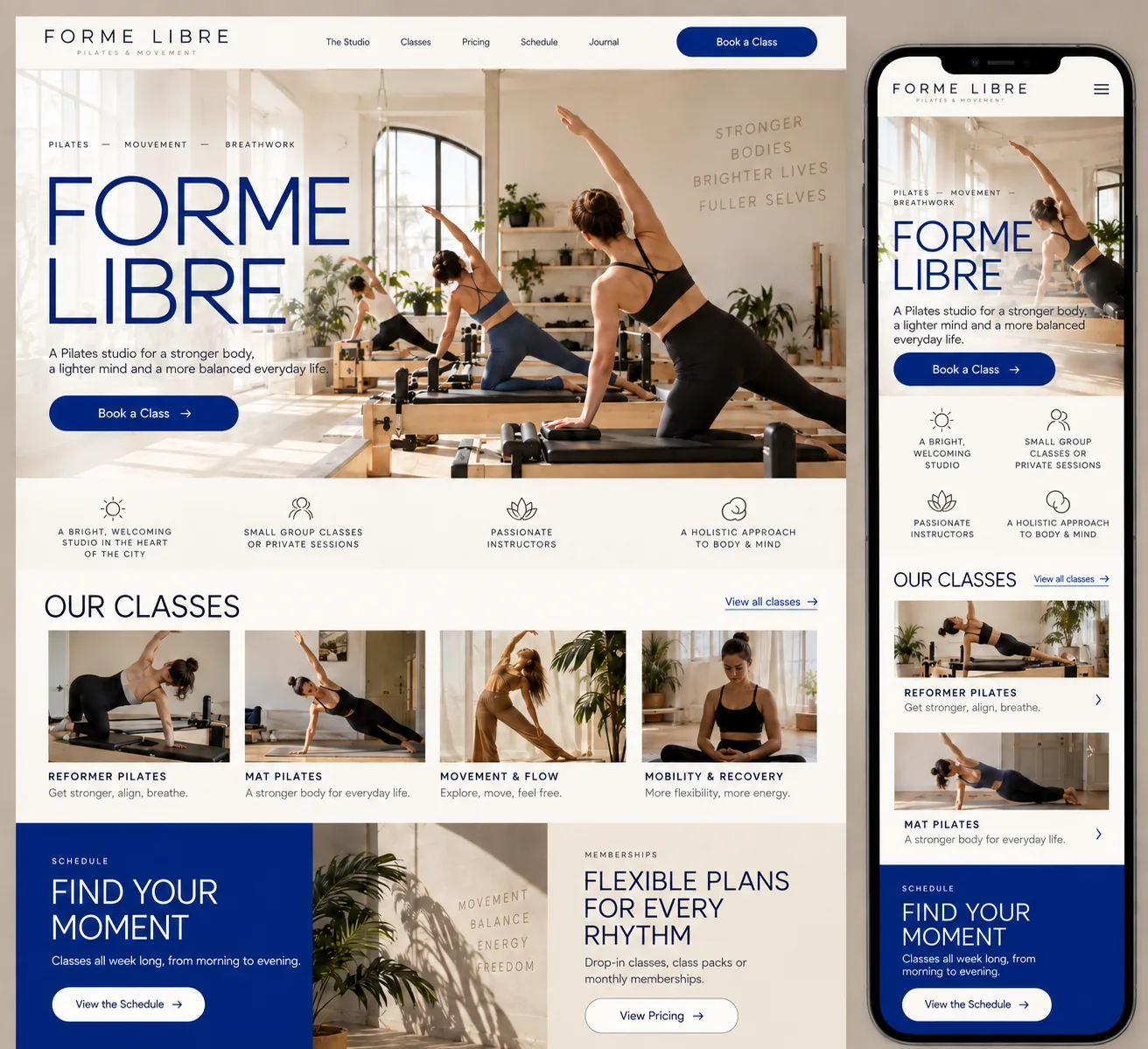 Fictional website concept for a Pilates studio named Forme Libre, shown on desktop and phone