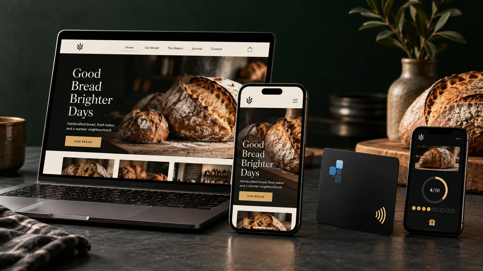 Illustrative Tapen product mockup showing a responsive website on a laptop and phone, a contactless NFC card and a loyalty app