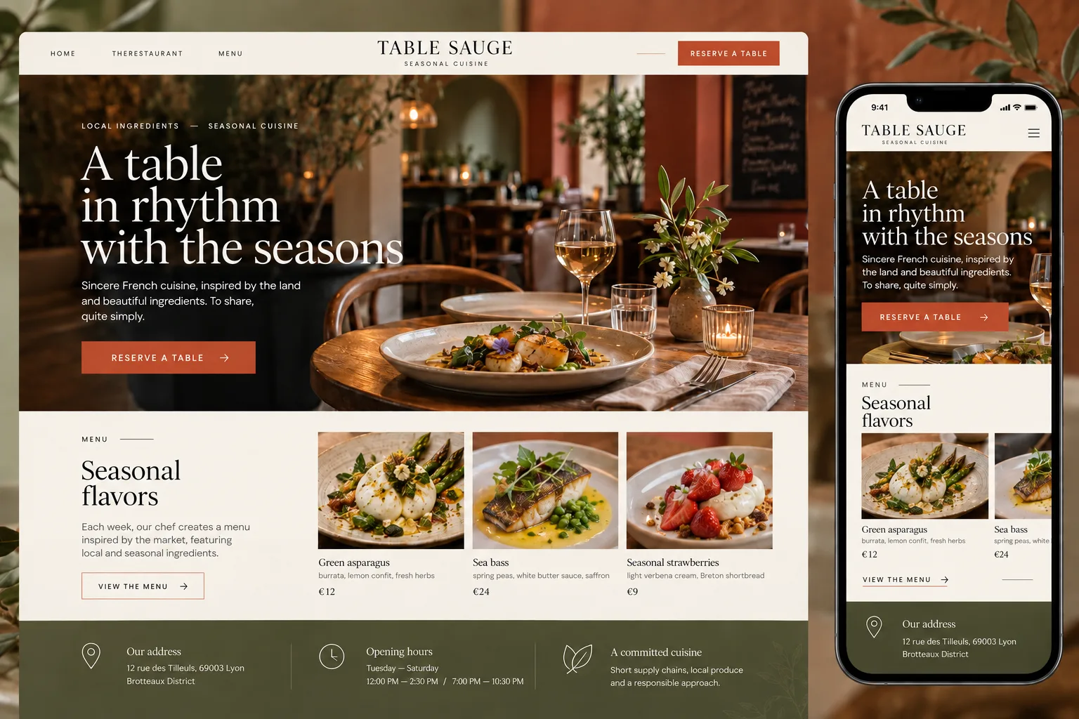 Fictional website concept for a restaurant named Table Sauge, shown on desktop and phone