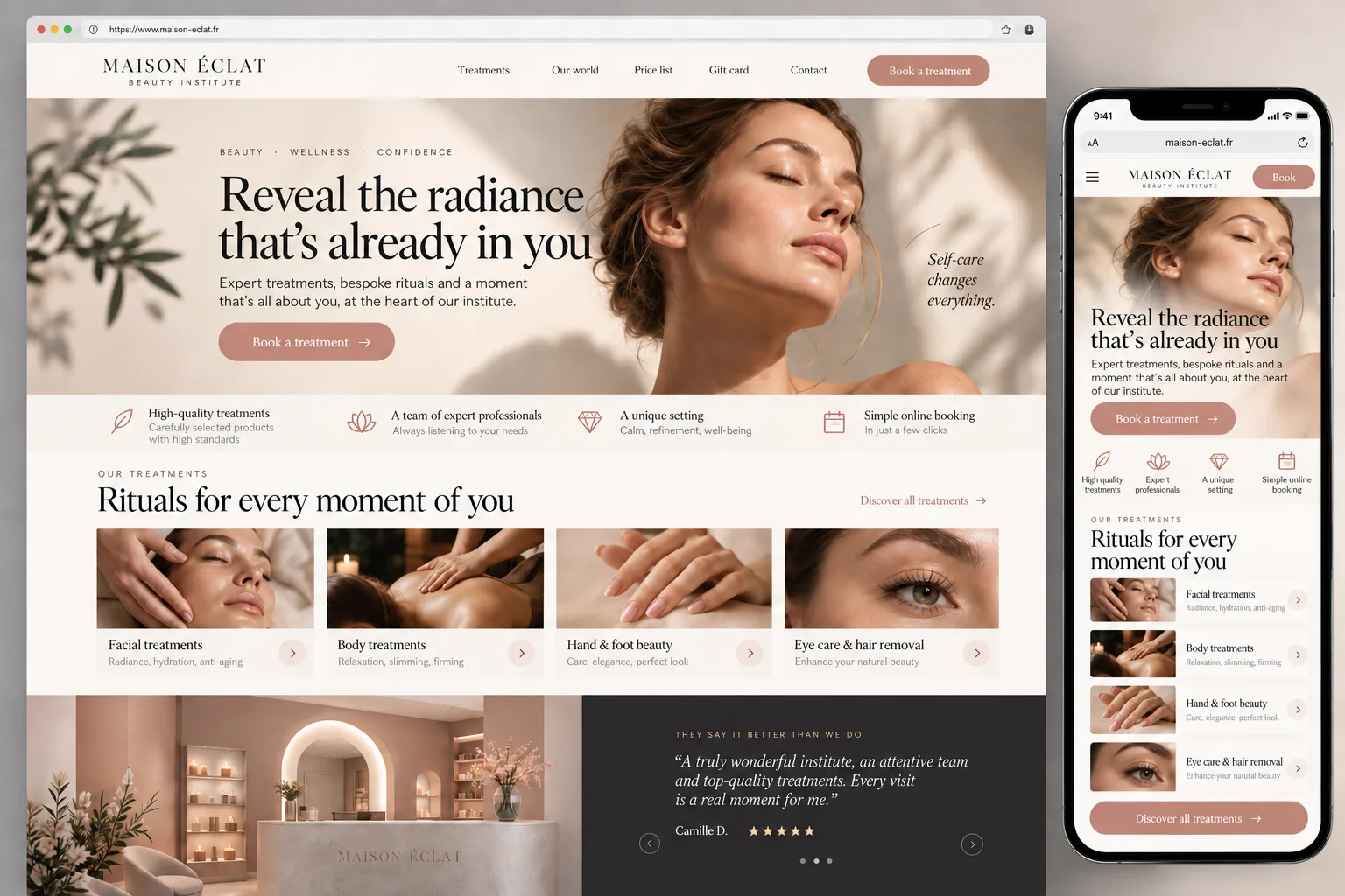 Fictional website concept for a beauty institute named Maison Éclat, shown on desktop and phone